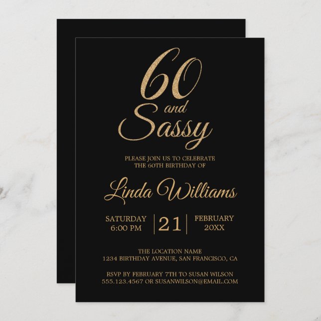 60 and Sassy Black Gold 60th Birthday Party Invitation (Front/Back)