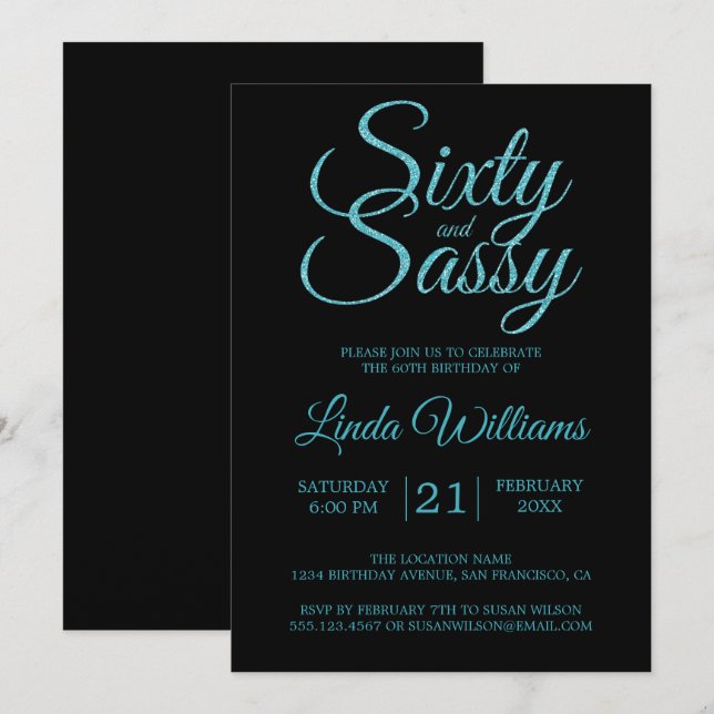 60 and Sassy Blue Glitter 60th Birthday Party Invitation (Front/Back)