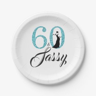 60 and Sassy Blue Glitter Birthday Party Paper Plate