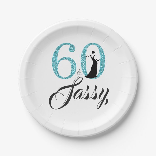 60 and Sassy Blue Glitter Birthday Party Paper Plate (Front)