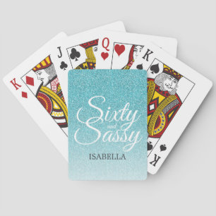 60 and Sassy Blue Glitter Ombre Name Monogram Playing Cards