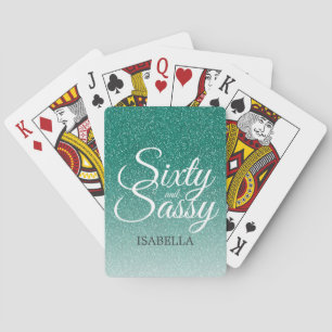 60 and Sassy Green Glitter Ombre Name Monogram Playing Cards