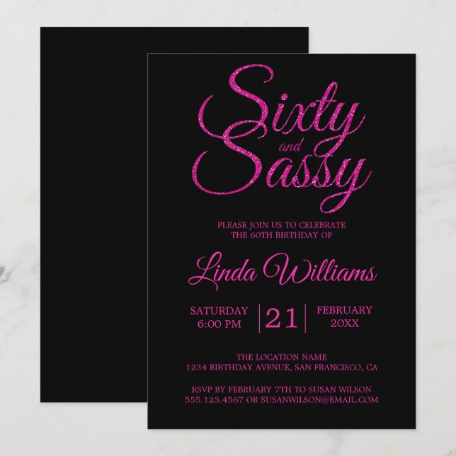 60 and Sassy Hot Pink Glitter 60th Birthday Party Invitation (Front/Back)