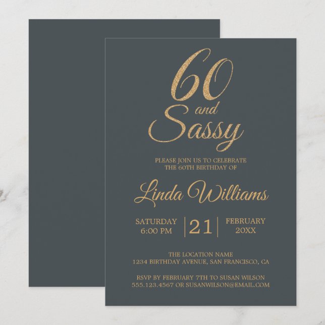 60 and Sassy Off-Black Gold 60th Birthday Party Invitation (Front/Back)