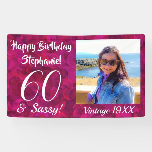 60 and Sassy Pink Name Happy Birthday Photo Banner (Horizontal)