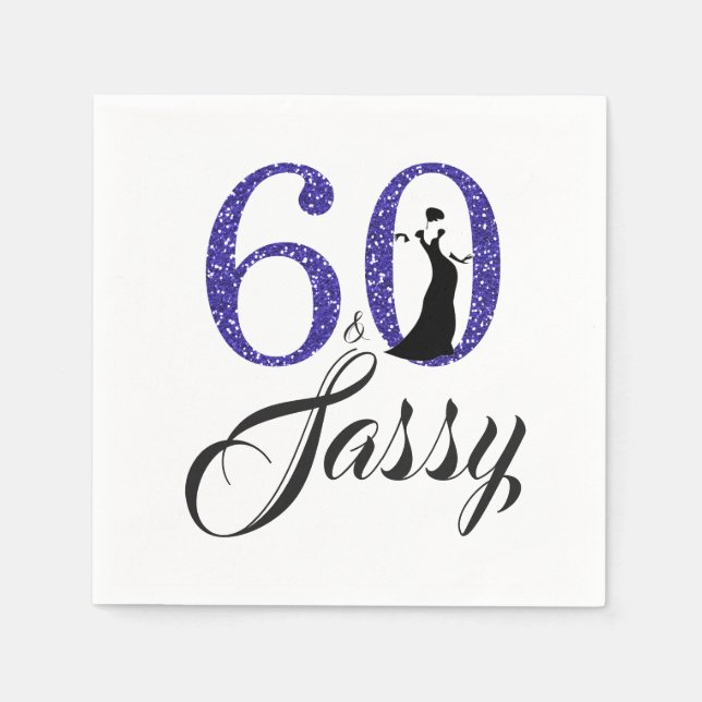 60 and Sassy Royal Blue Glitter Birthday Party Napkin (Front)
