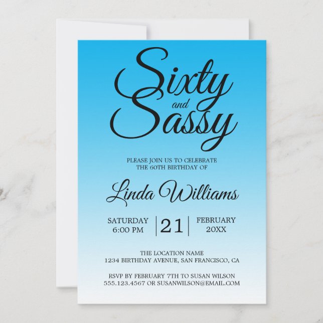 60 and Sassy Sky Blue Ombre 60th Birthday Invitation (Front)