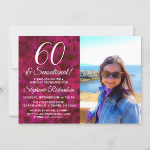 60 and Sensational Red Rose Photo Birthday Invitation