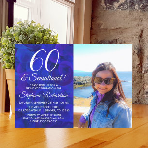 60 and Sensational Royal Blue Photo Birthday Invitation