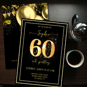 60 and Sparkling Gold and Black Birthday Invitation