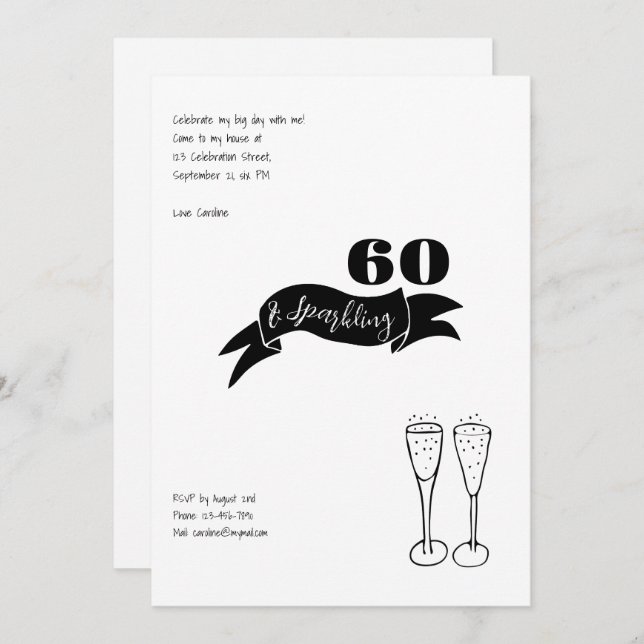 60 and Sparkling Hand Drawn Black and White Invitation (Front/Back)