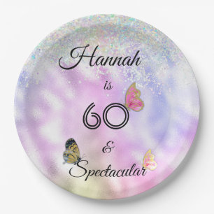 60 and Spectacular Glittery Butterflies Birthday Paper Plate