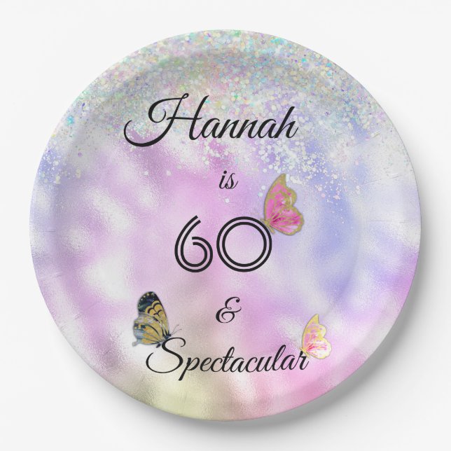 60 and Spectacular Glittery Butterflies Birthday  Paper Plate (Front)