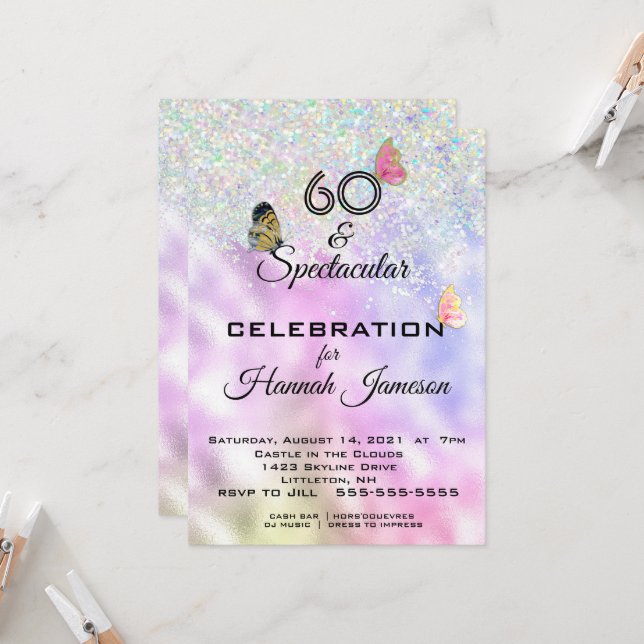60 and Spectacular Glittery Butterflies Party Invitation (Front/Back In Situ)