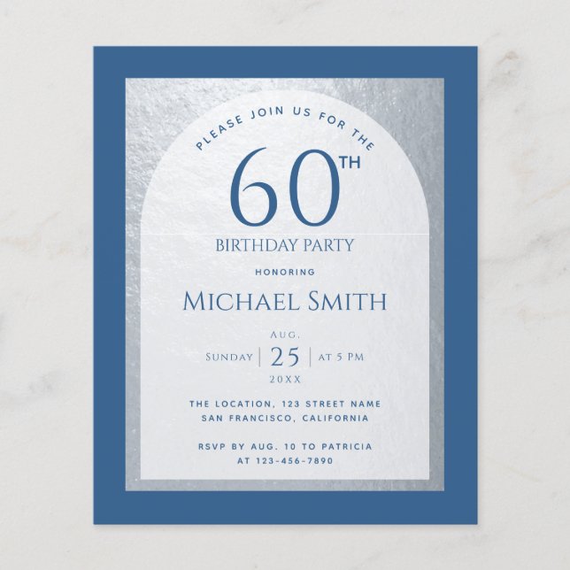 60 Birthday Budget Silver Classic Blue Invitation (Front)