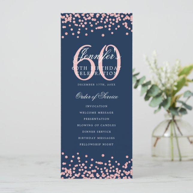 60 Birthday Program Menu Thanks Rose Gold Navy Blu Invitation (Standing Front)