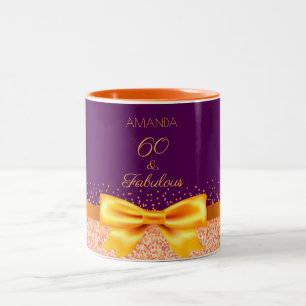 60 birthday purple gold elegant bow name Two-Tone coffee mug