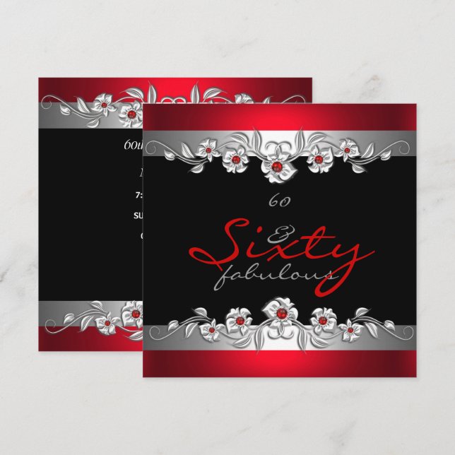 60 Fabulous 60th Birthday Party Silver Red 2 Invitation (Front/Back)