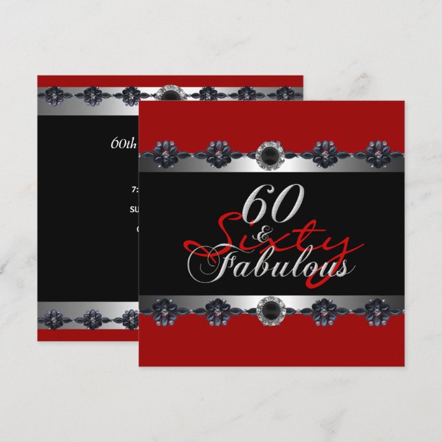 60 & Fabulous 60th Birthday Party Silver Red Invitation (Front/Back)
