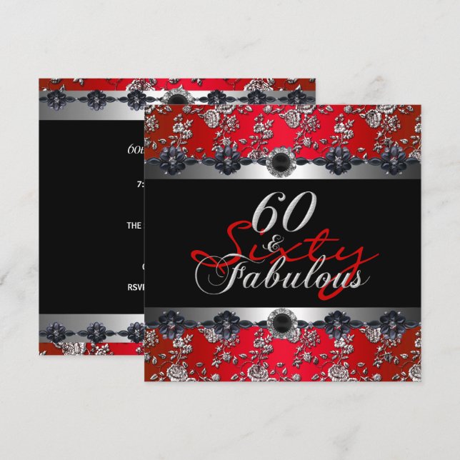 60 & Fabulous 60th Birthday Party Silver Red Invitation (Front/Back)