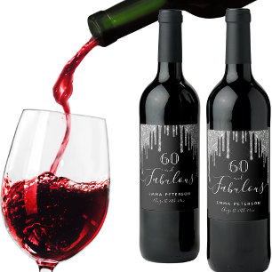 60 fabulous birthday black glitter silver sparkle wine label