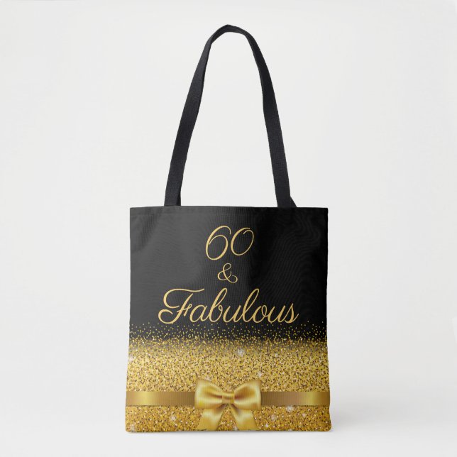 60 fabulous birthday black gold elegant bow tote bag (Front)