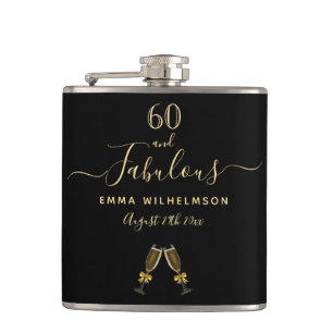 60 fabulous birthday black gold monogram script hip flask