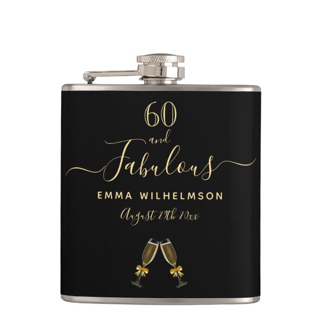 60 fabulous birthday black gold monogram script hip flask (Front)