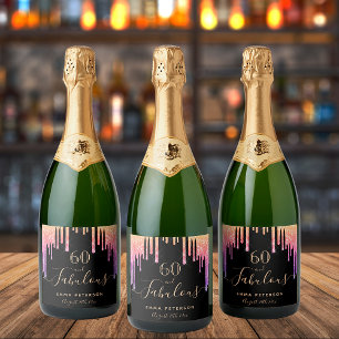 60 fabulous birthday black pink glitter drips name sparkling wine label