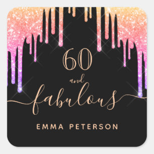 60 fabulous birthday black pink gold drips square sticker