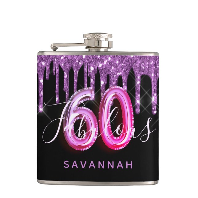 60 Fabulous birthday black purple glitter script Hip Flask (Front)