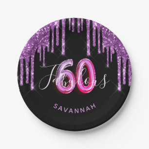 60 Fabulous birthday black purple glitter sparkle Paper Plate