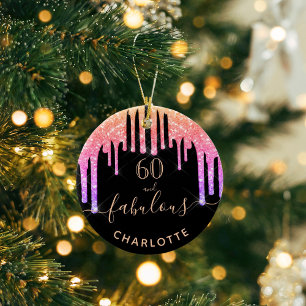 60 Fabulous birthday black rainbow glitter sparkle Ceramic Tree Decoration