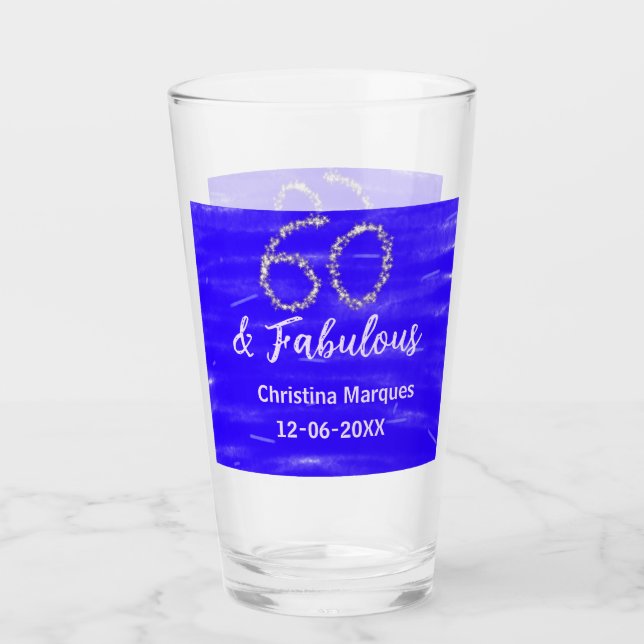 60 & fabulous birthday blue silver add name date glass (Front)