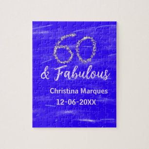 60 & fabulous birthday blue silver add name date jigsaw puzzle