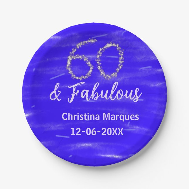 60 & fabulous birthday blue silver add name date paper plate (Front)
