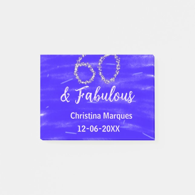 60 & fabulous birthday blue silver add name date post-it notes (Front)