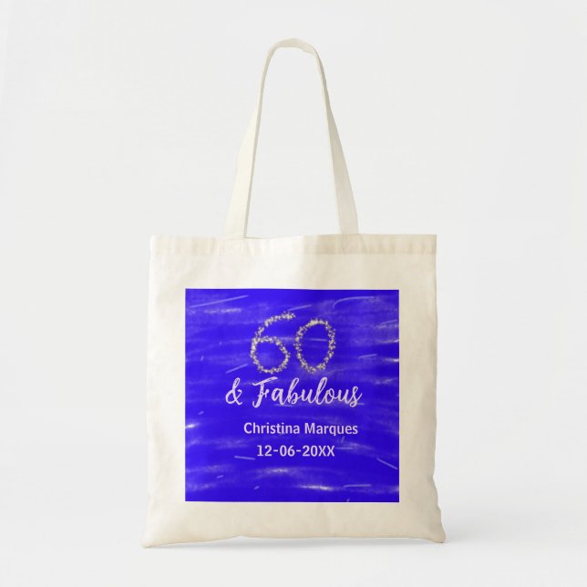 60 & fabulous birthday blue silver add name date tote bag (Front)