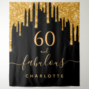60 fabulous birthday glitter black gold sparkle tapestry