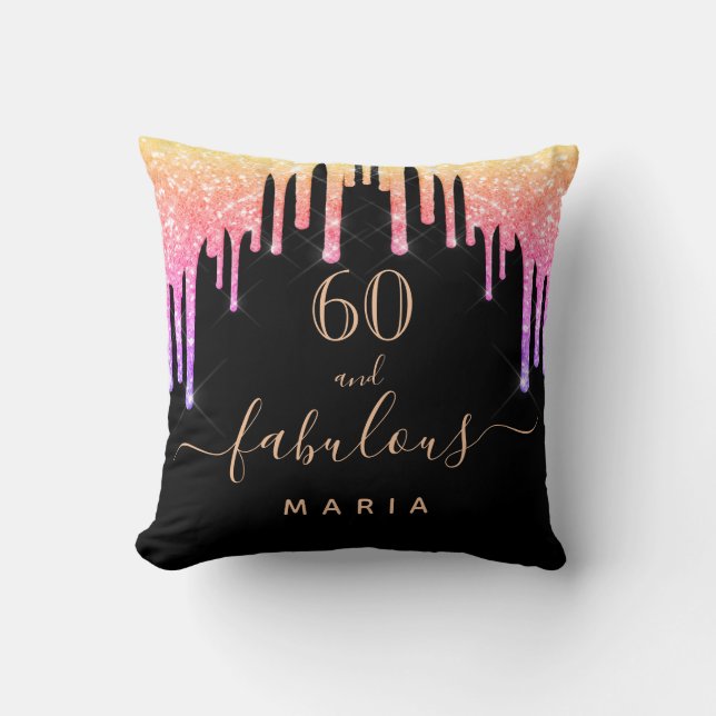 60 fabulous birthday glitter black rainbow sparkle cushion (Front)