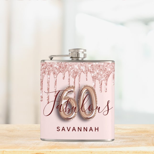 60 fabulous birthday party rose gold blush glitter hip flask (Creator Uploaded)