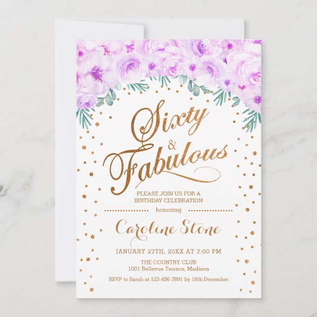 60 Fabulous Birthday Party - White Gold Purple Invitation (Front)