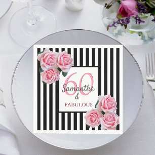 60 fabulous birthday pink black white stripes napkin