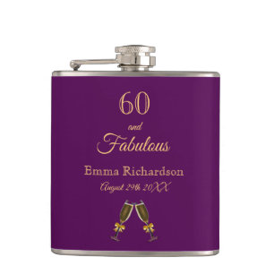 60 fabulous birthday purple gold monogram script hip flask
