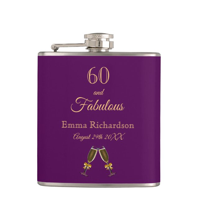 60 fabulous birthday purple gold monogram script hip flask (Front)