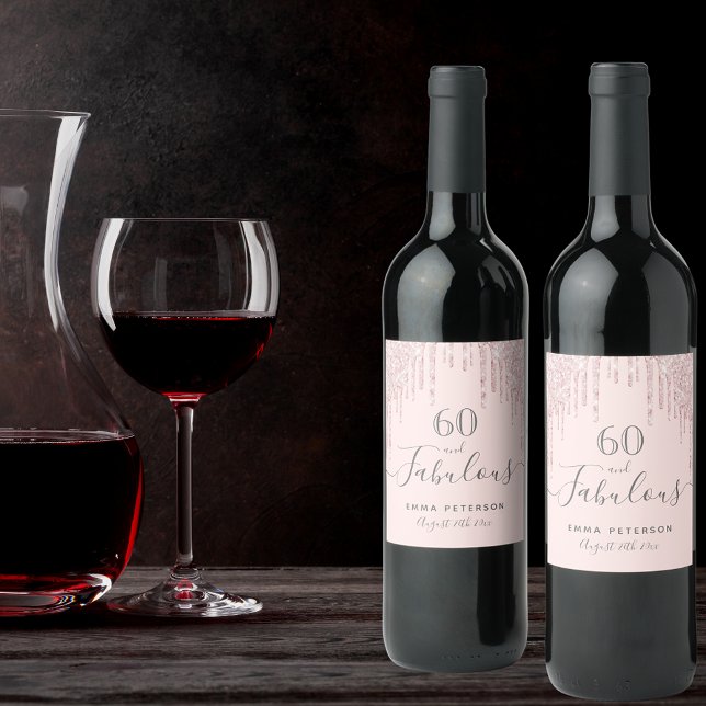 60 fabulous birthday rose gold blush glitter wine label (Creator Uploaded)