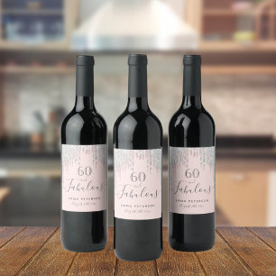 60 fabulous birthday rose gold glitter pink silver wine label
