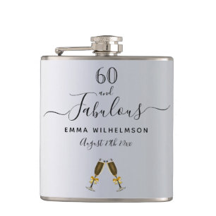 60 fabulous birthday silver monogram script hip flask