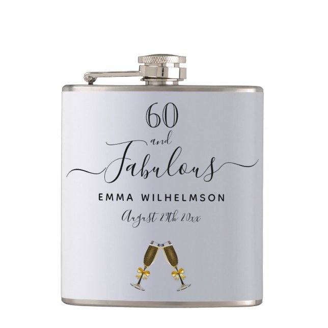 60 fabulous birthday silver monogram script hip flask (Front)