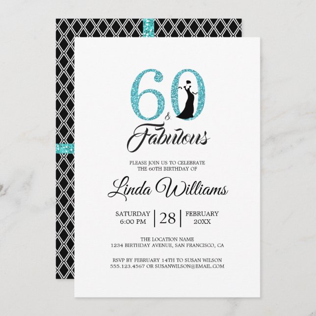 60 Fabulous Blue Glitter 60th Birthday Party Invitation (Front/Back)